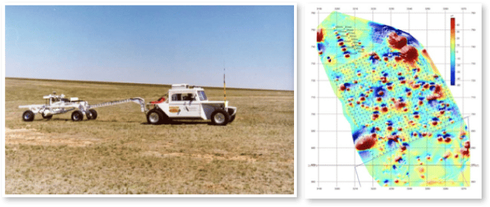 Field with truck and map showing potential UXO as magnetic anomalies